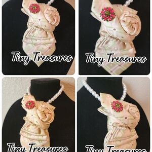 Handmade Silk Rosette Necklace with Pink Gem Brooch